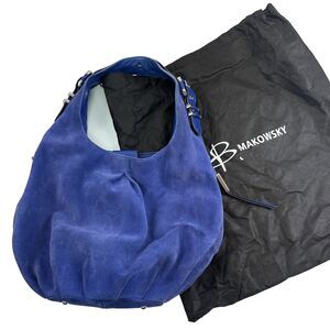 B Makowsky Blue Suede Hobo Purse Shoulder Bag Leather Snap Buckle Round Slouch